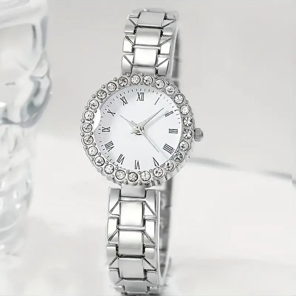 1pc Rhinestone Decor Quartz Watch Flower Pointer Analog Dress Watch & 5pcs Jewel - Picture 3 of 4